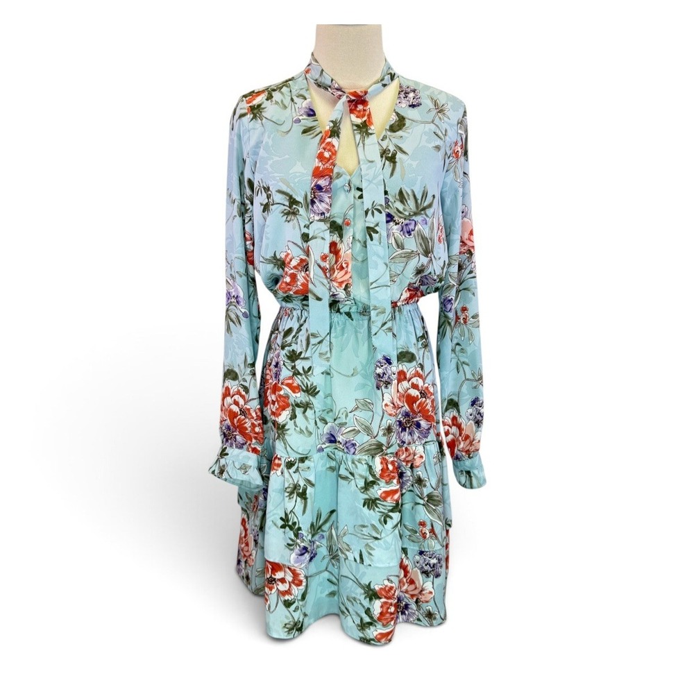 Nanette Lepore Tie Neck Knee-Length Floral Dress Womens Blue Size 8